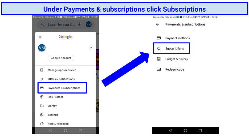 Screenshot showing steps for how to manage subscriptions in Android's settings