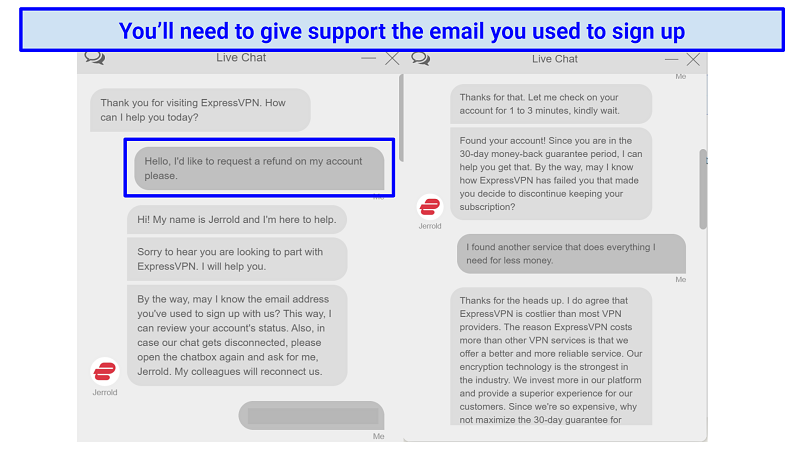 Screenshot of ExpressVPN chat requesting a refund