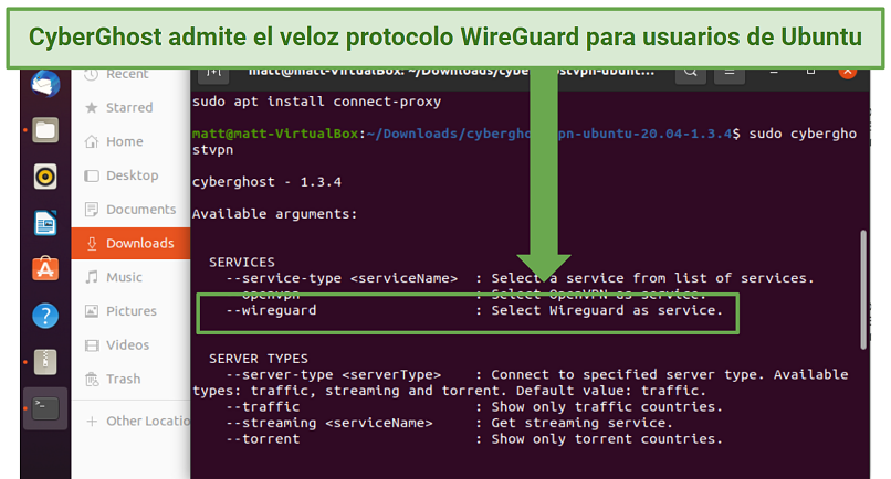 A screenshot showing CyberGhost supports the speedy WireGuard protocol for Ubuntu users