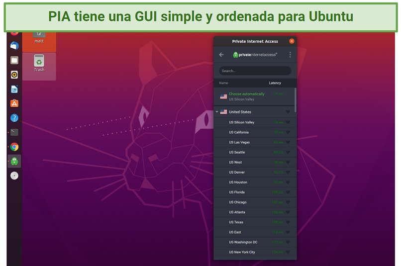 A screenshot showing PIA has a GUI app for Ubuntu