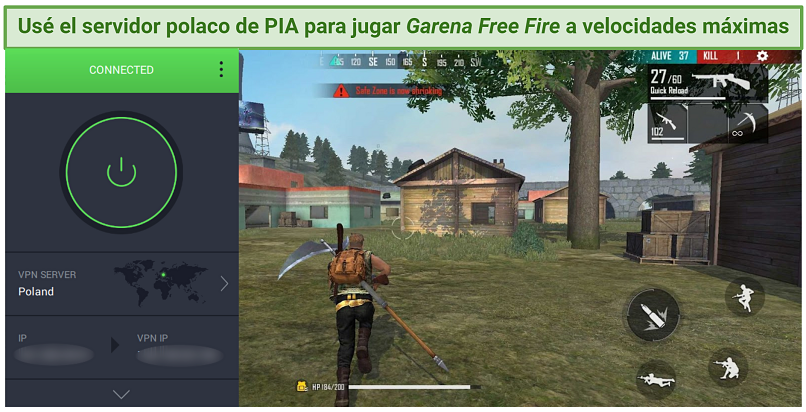 Screenshot of Private Internet Access working with Garena Free Fire