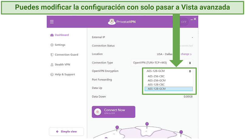 screenshot showing PrivateVPN's customizable security settings