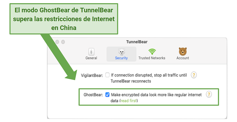 A screenshot of TunnelBear's app showing its GhostBear feature