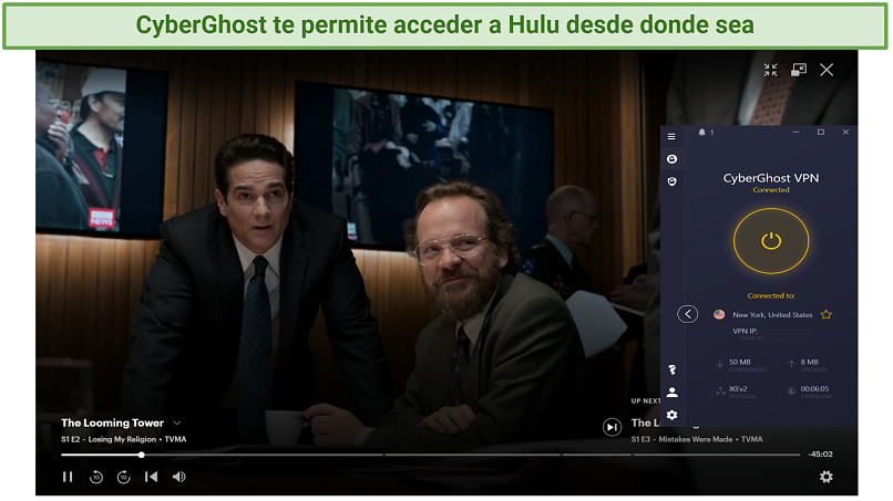 screenshot showing The Looming Tower streaming on Hulu with CyberGhost connected