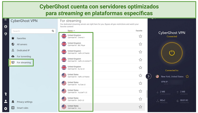 Screenshot of CyberGhost's Windows app interface showing the For Streaming Menu list of streaming-optimized servers