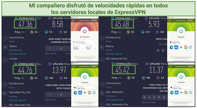 Screenshot of regular internet speed test result and 3 ExpressVPN local server speed test results