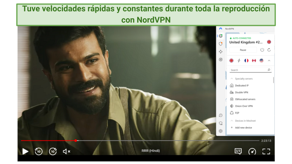 A screenshot of RRR playing on Netflix while connected to one of NordVPN's UK servers