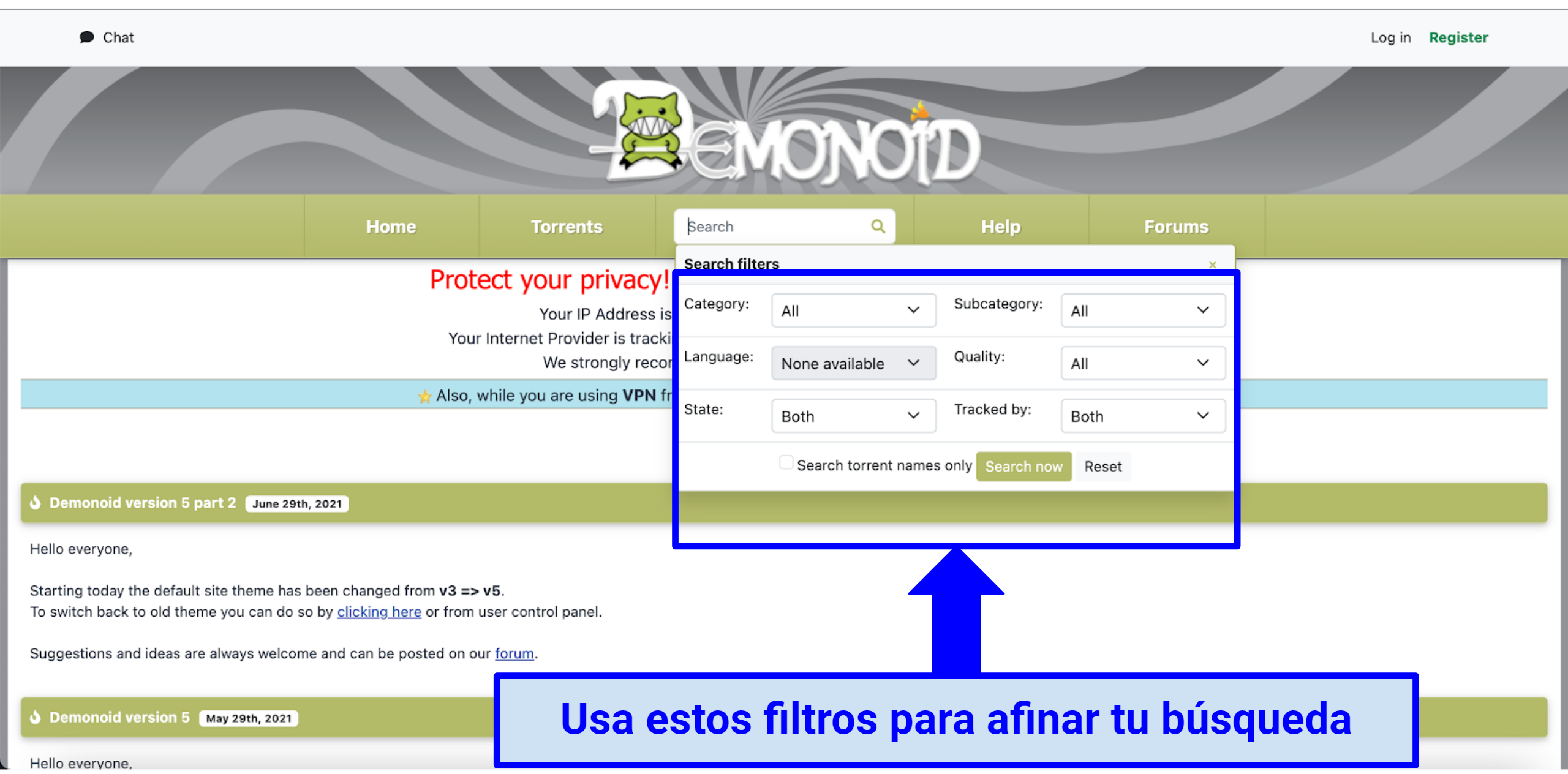 Screenshot of Demonoid showing its various filtering criteria to find your perfect torrenting file.