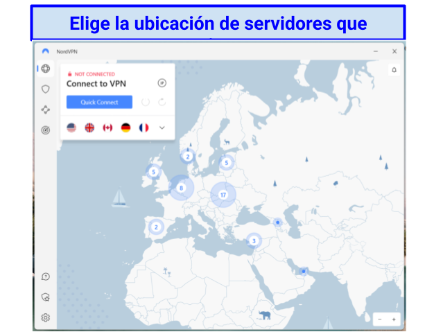 Screenshot of NordVPN's interface with a world map of servers
