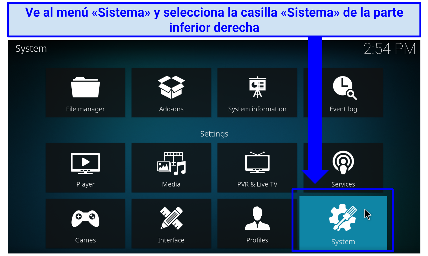 A screenshot showing Kodi's System box that takes you to the addon area