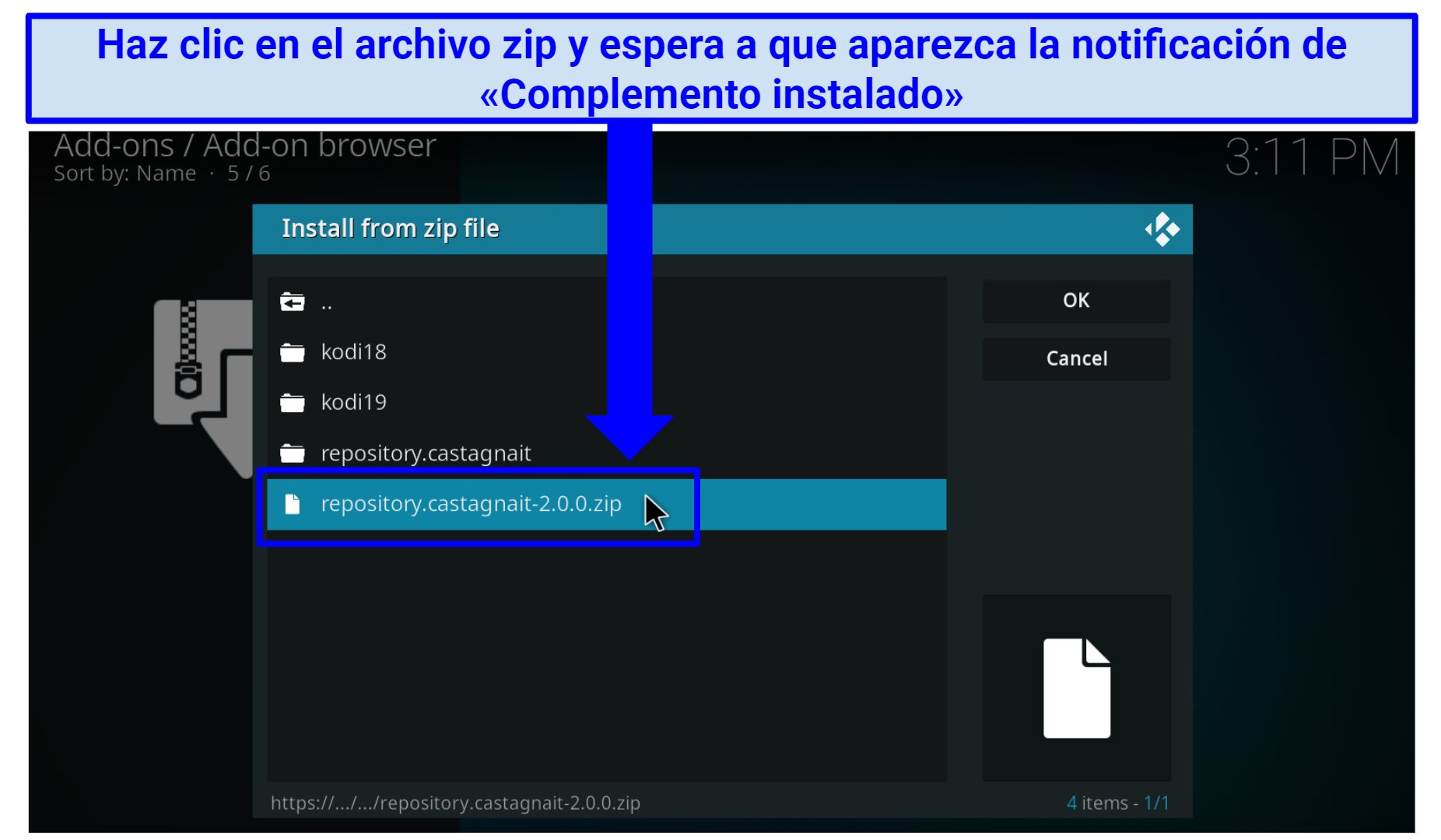 A screenshot showing the actual zip file to click to install CastagnaIT’s Kodi repository