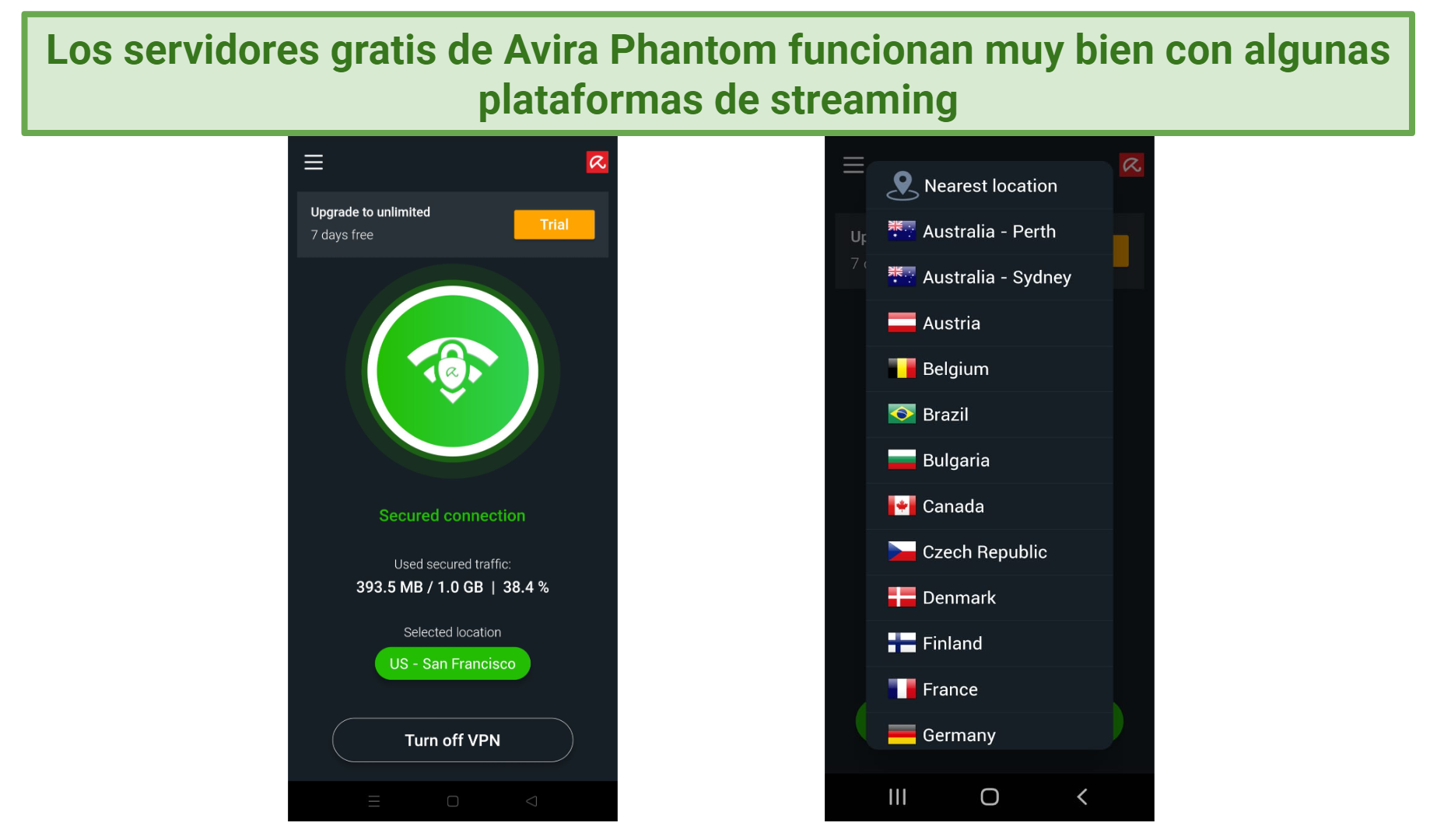 screenshot showing Avira Phantom's servers list