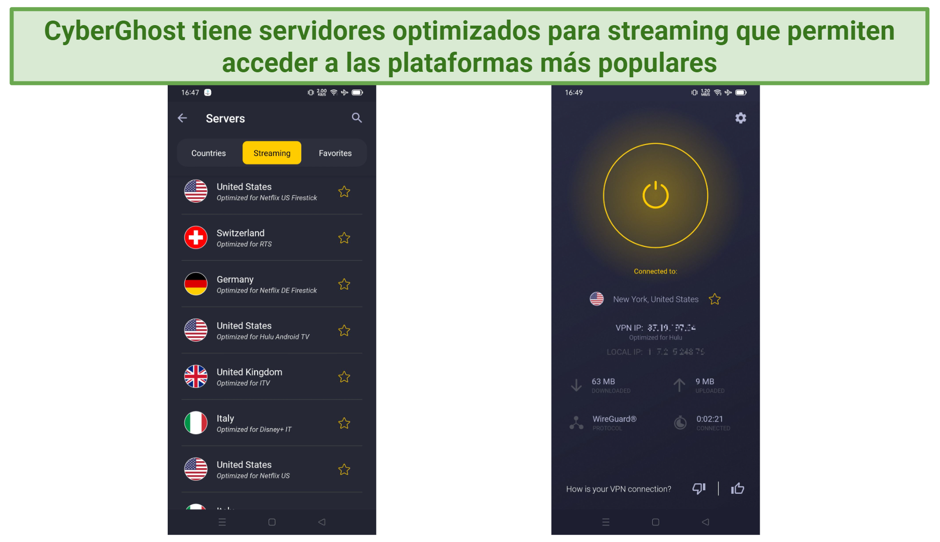 screenshot displaying CyberGhost's streaming-optimized servers