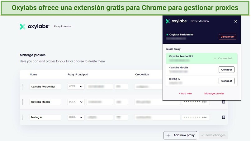 Captura de pantalla de la extensión para el navegador Chrome Oxy Proxy Manager de Oxylabs