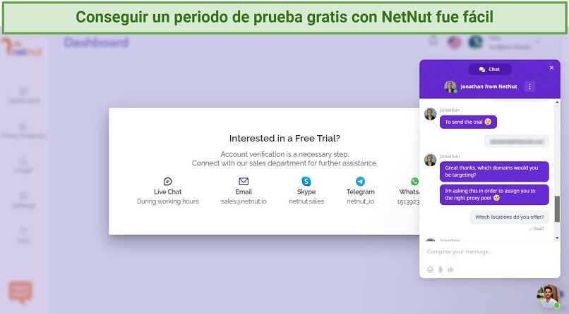 Pantalla de activación de la prueba gratis de NetNut