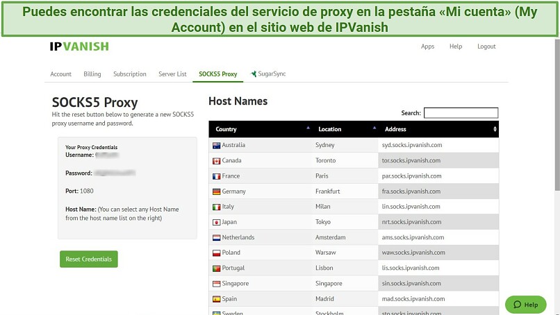 Screenshot of IPVanish's SOCKS5 proxy settings in its Control Panel