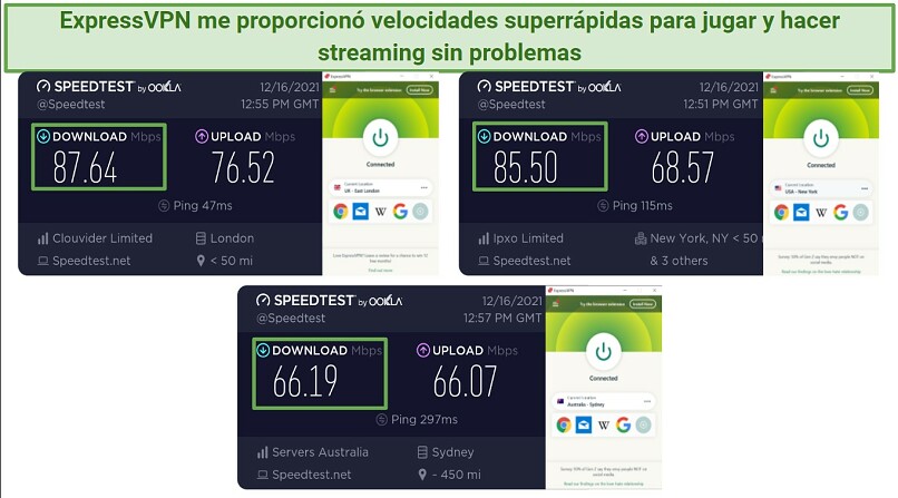 Screenshots showing ExpressVPN's good long-distance server speeds