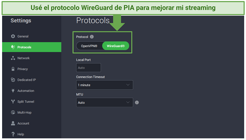 A screenshot showing you can use PIA's WireGuard protocol to watch NFL with the highest quality.
