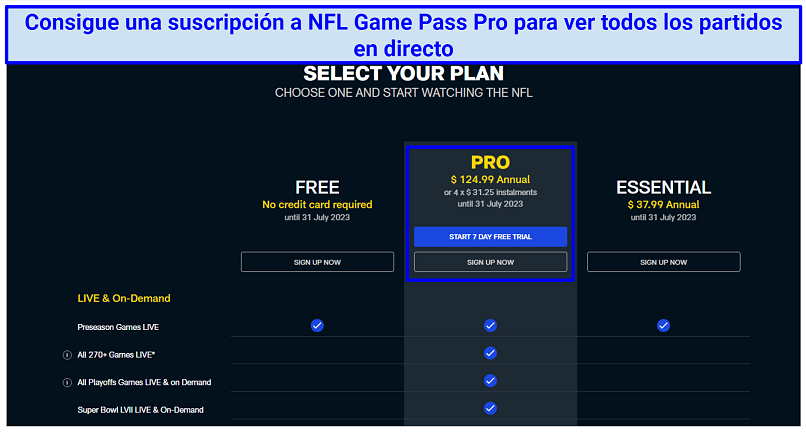 A screenshot showing the NFL Game Pass subscription to choose to watch all matches live