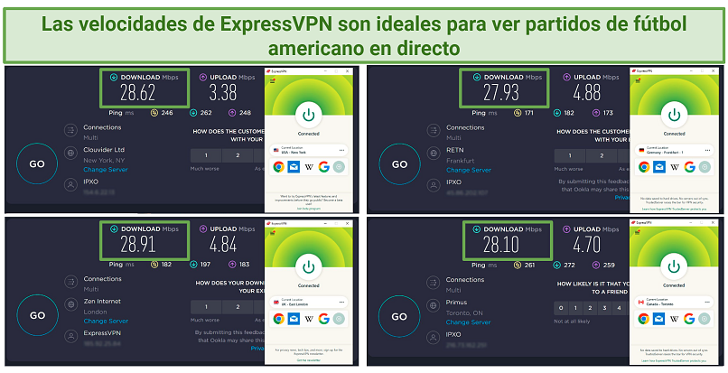 A screenshot showing ExpressVPN has great speed while connected to various servers across its network.