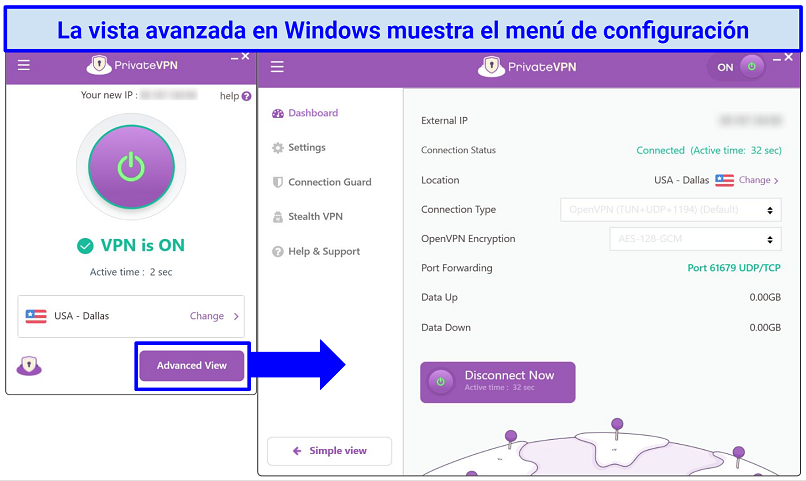 Screenshot of the PrivateVPN Windows app highlighting where the find the settings