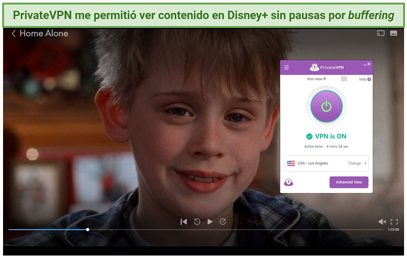 Screenshot of Disney+ player streaming Home Alone while connected to PrivateVPN