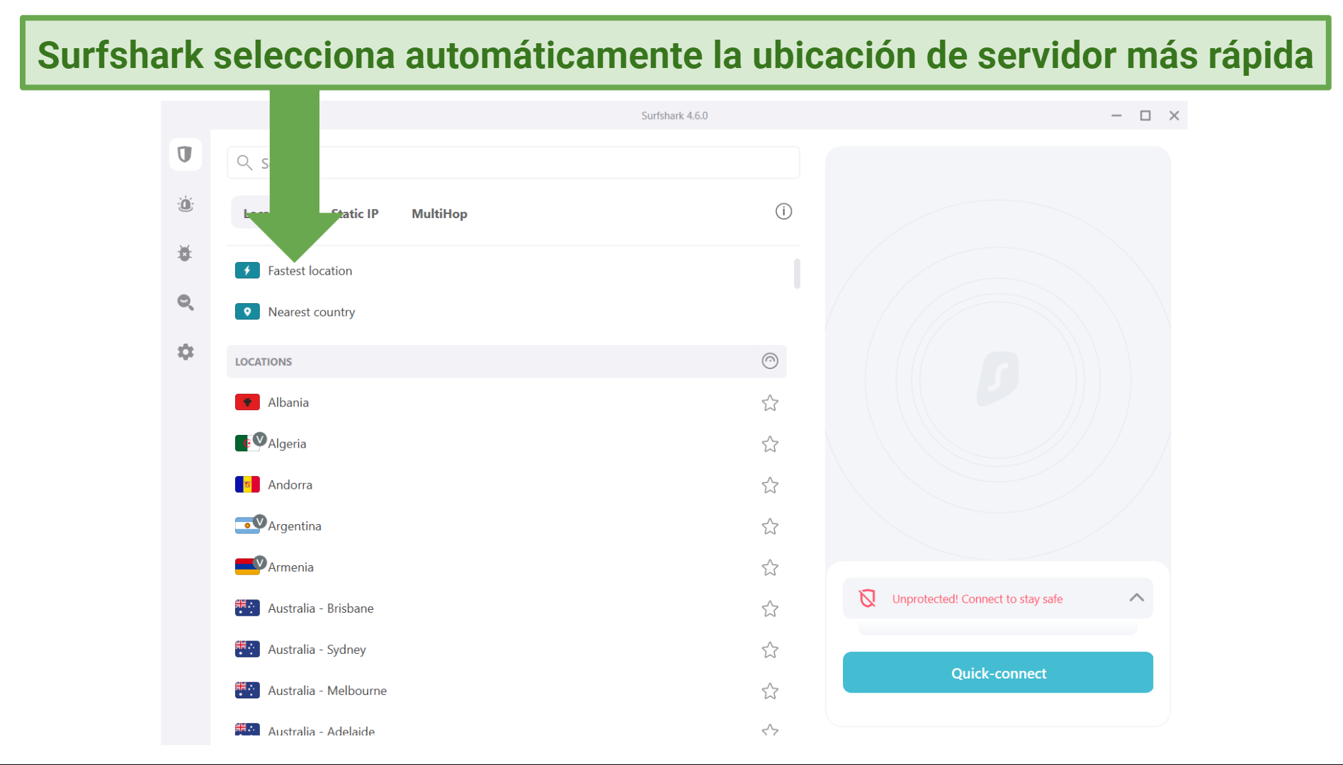 Screenshot showing the Surfshark server selection screen and fastest server option