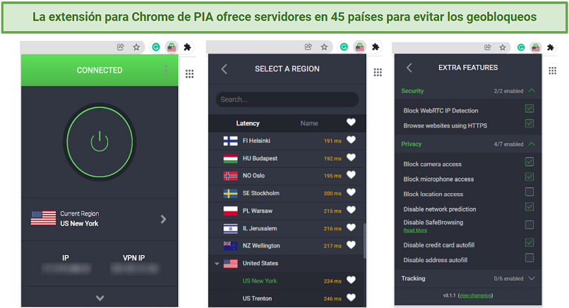 Screenshot showing the interface and features of the PIA Chrome extension