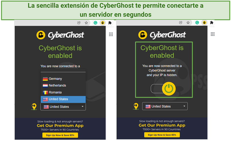 Screenshot of CyberGhost's free Chrome extension highlighting its simple design