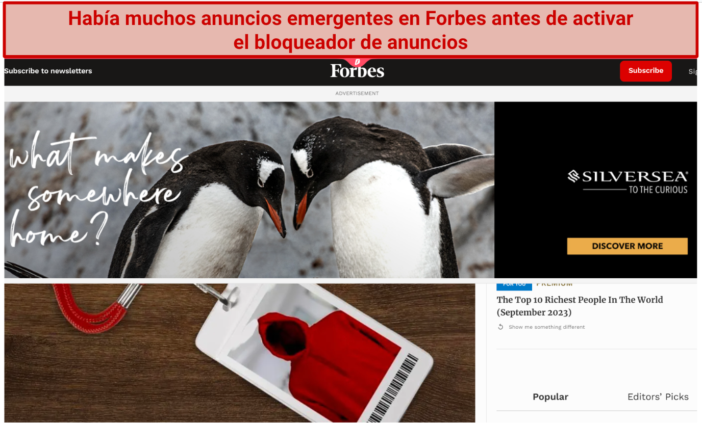 A screenshot showing the Forbes website full of banner ads before enabling Surfshark's ad blocker on its Chrome extension