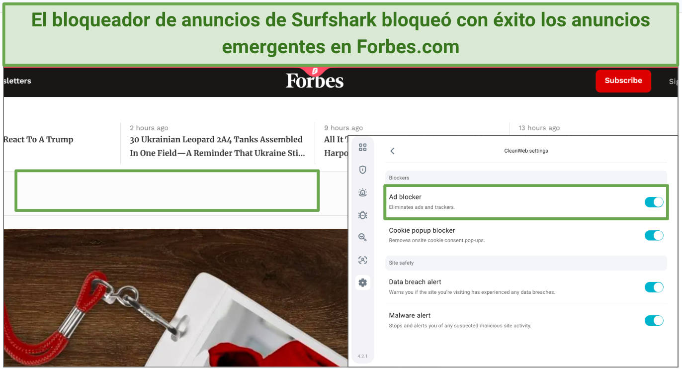 A screenshot showing Surfshark's Chrome extension ad blocker blocking pop-up ads on Forbes