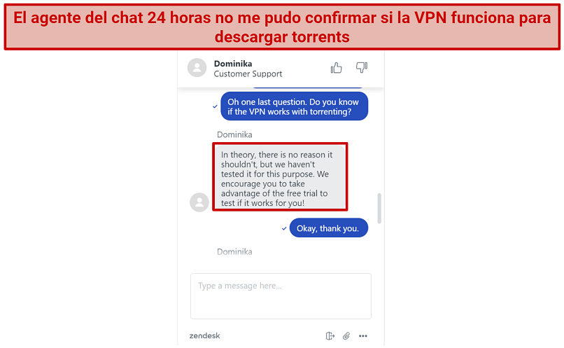 Screenshot of OperaVPN Pro's live support agent telling me it hasn't been tested for torrenting