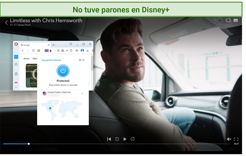 Screenshot of Disney+ player streaming Limitless with Chris Hemsworth while connected to OperaVPN Pro Caption: OperaVPN Pro encrypts your entire device, so I could stream Disney+ on my Edge browser