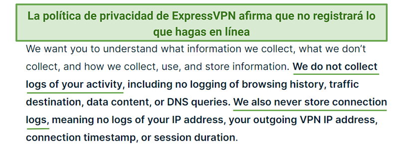 Screenshot of ExpressVPN's privacy policy highlighting what it does not collect