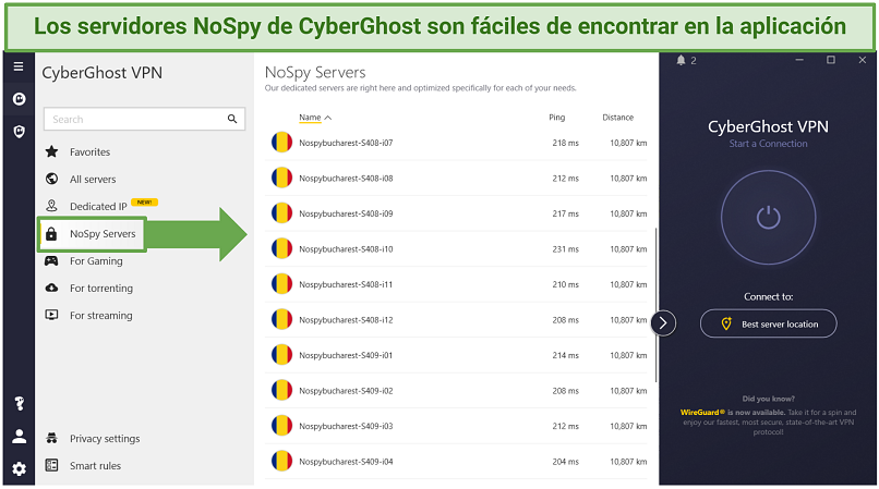 CyberGhost's Windows app displaying where to find its NoSpy servers