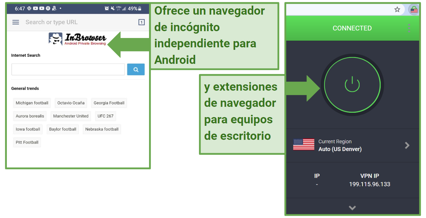 Screenshot of InBrowser and Private Internet Access' Chrome browser extension