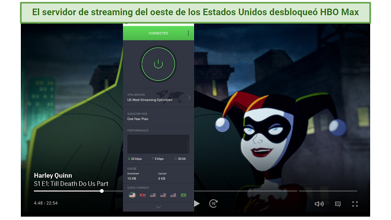 Screenshot of HBO Max player streaming Harley Quinn unblocked with Private Internet Access