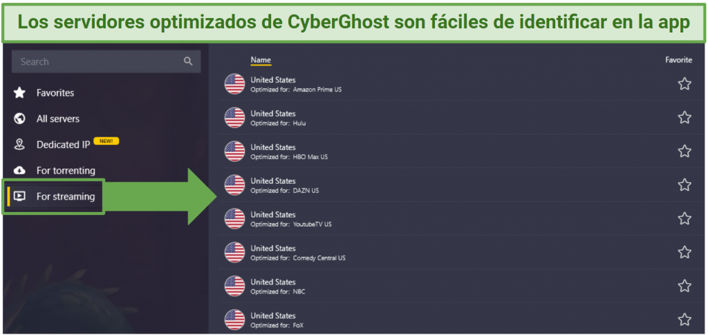 Screenshot of CyberGhost's optimized streaming servers on the Windows app