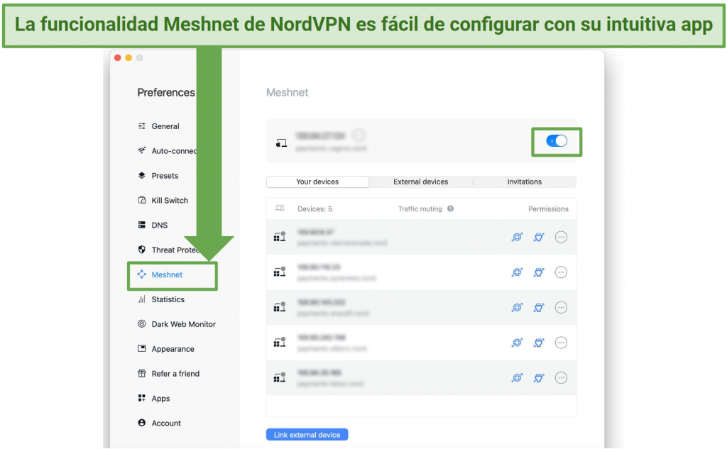 Screenshot of the NordVPN app enabling the Meshnet feature