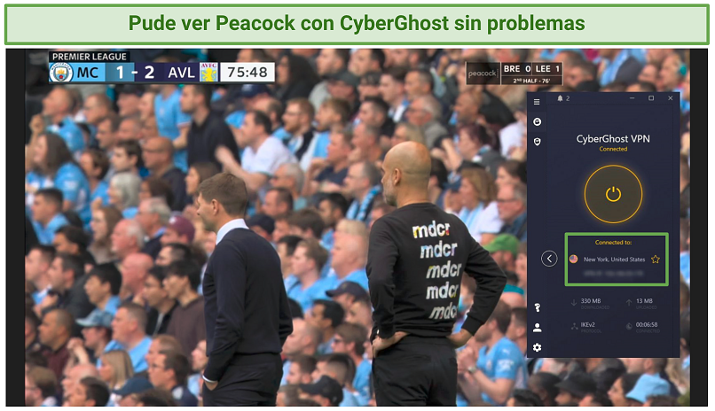 A screenshot showing you can use CyberGhost to stream Premier League matches on Peacock.
