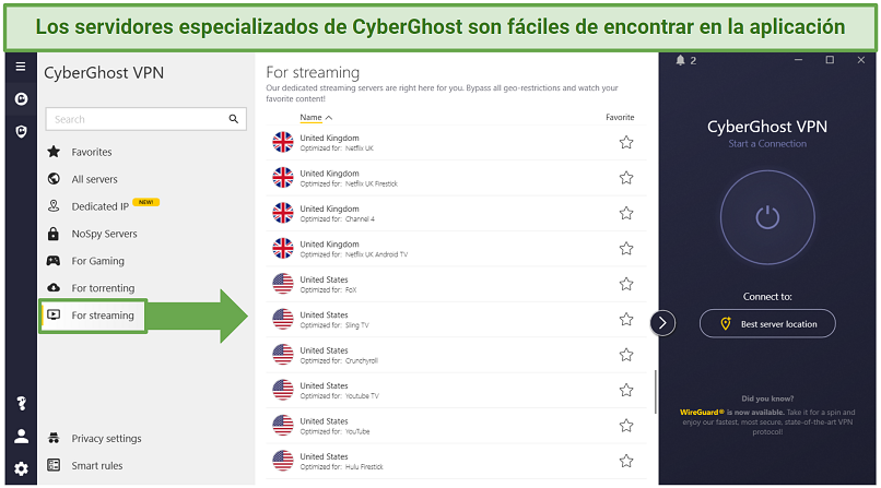 CyberGhost's Windows app listing its streaming-optimized servers for specific platforms