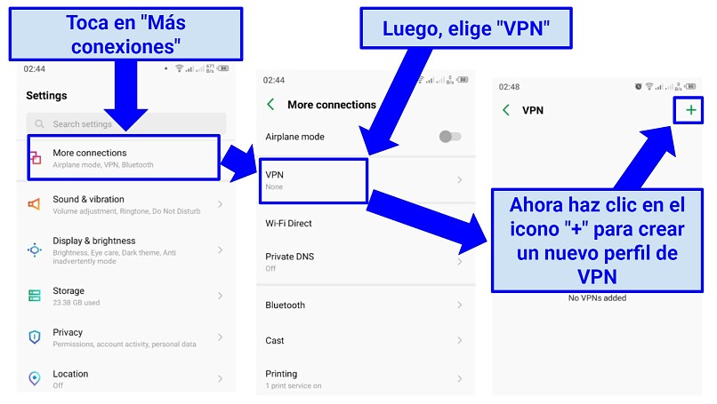 A screenshot showing how to access and create a VPN profile using L2TP or PPTP protocols on Android