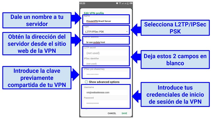 A screenshot showing the fields you need to fill to create an active profile with the free built-in VPN for Android