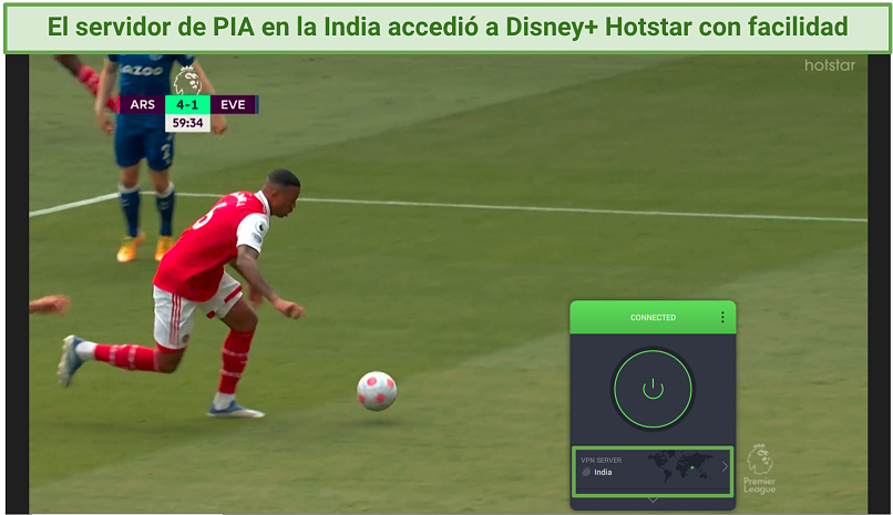 A screenshot showing you can use Private Internet Access to watch EPL matches on Disney+ Hotstar