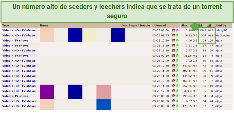 A screenshot showing the number of seeders and leechers on a torrent client's dashboard.