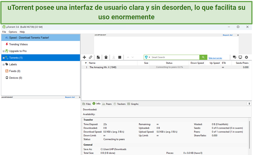 A screenshot of uTorrent clutter-free use-interface