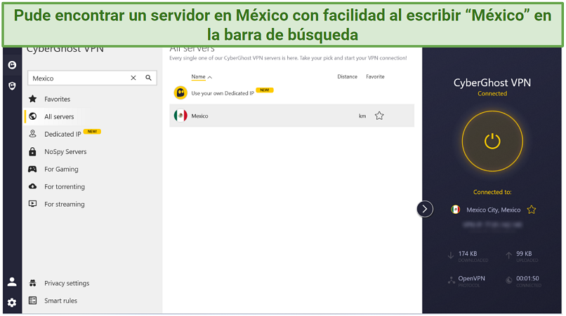 A screenshot showing CyberGhost connected to a server in Mexico