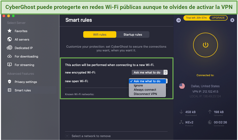 Screenshot of CyberGhost app settings showing where to toggle automatic WiFi protection