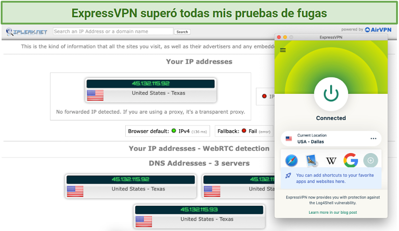 Screenshot of leak tests done on ipleak.net while connected to ExpressVPN