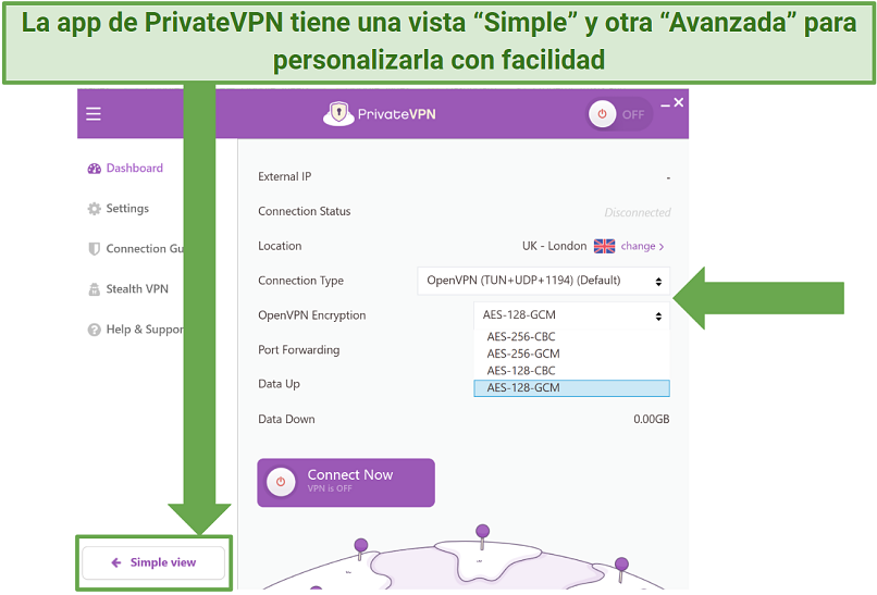 Screenshot of PrivateVPN's windows app showing its customizable settings in the Advanced view